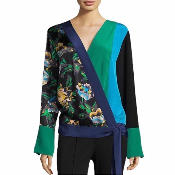 Diane Von Furstenberg 100% Silk Crossover Tie Blouse Blue Green Black Floral - Picture 13 of 15